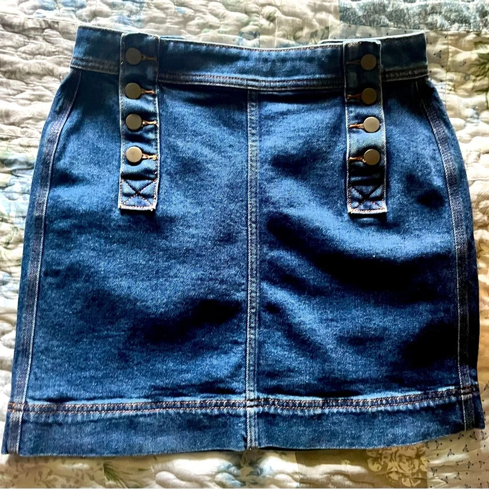 Loft Button Front Denim Blue Jean Mini Skirt Size 0